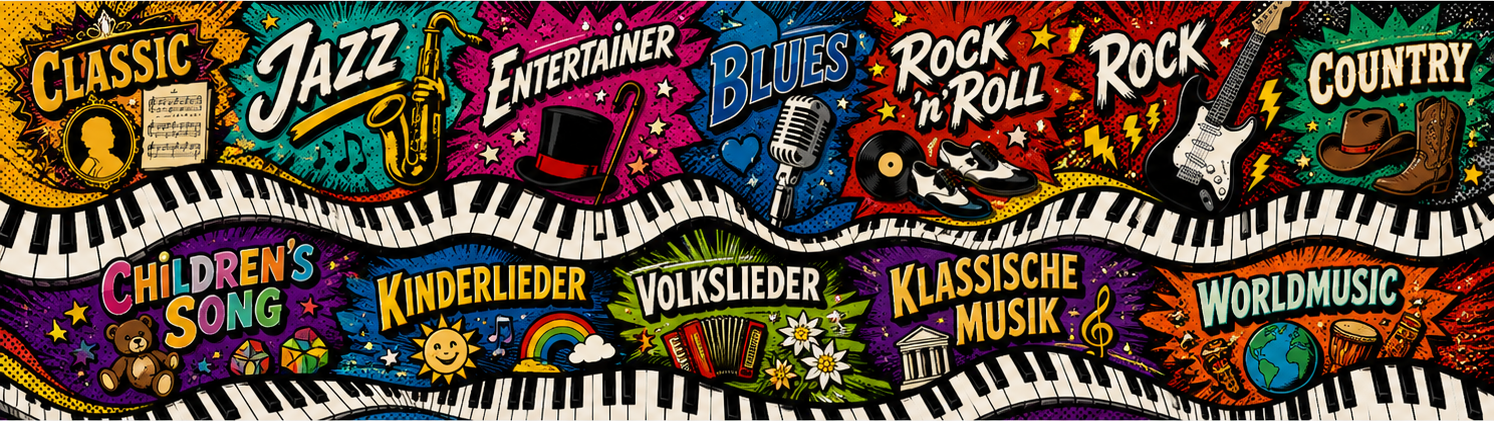 COPY2: Colorful collage of musical styles with piano keys and instruments