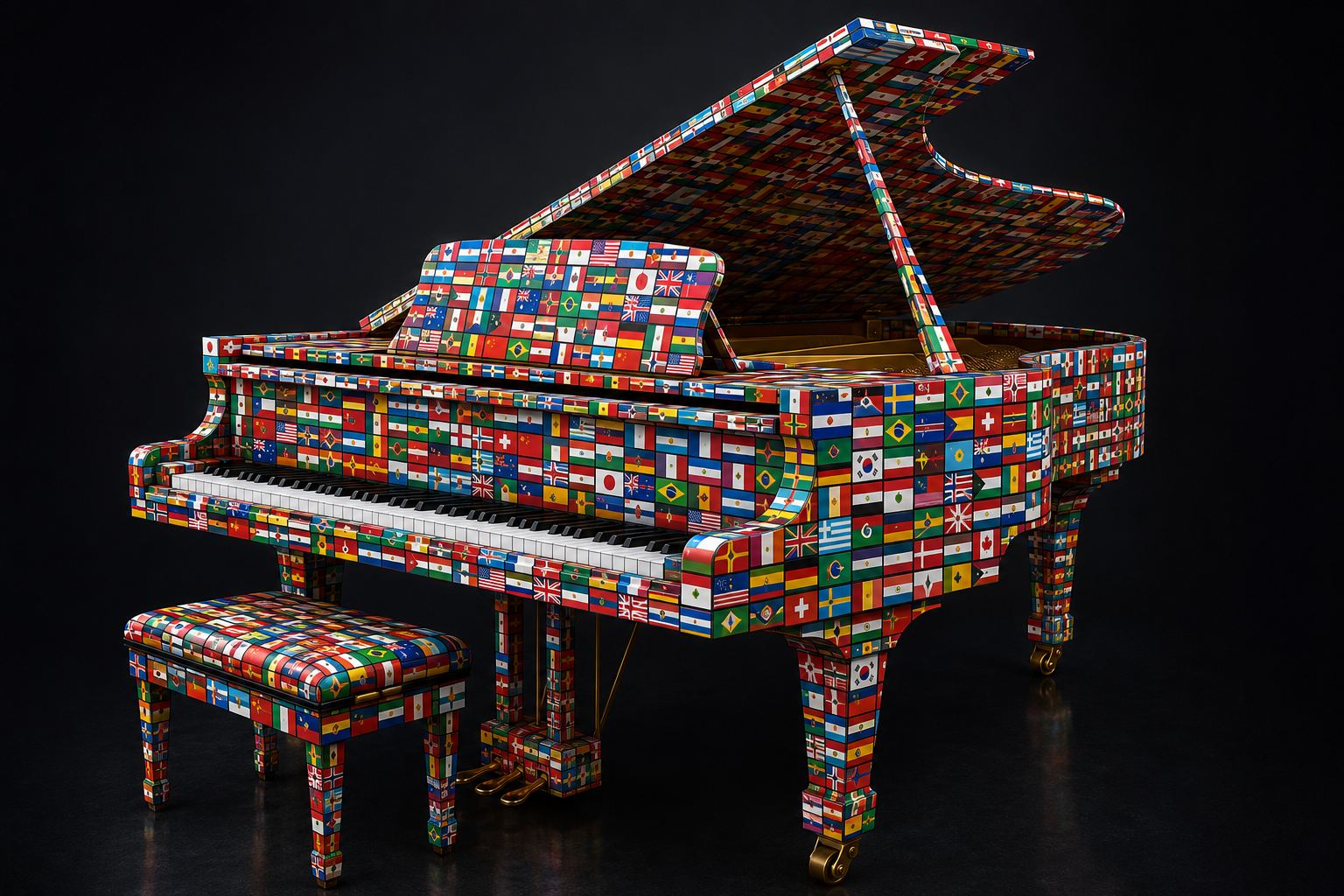 COPY2: Grand piano covered with flags from around the world